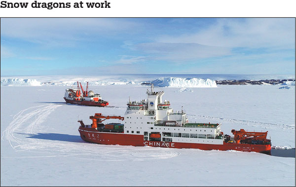 China's polar icebreaker Xuelong (back) and Xuelong 2 berth near Zhongshan research station in Antarctica on Sunday. Both vessels,
whose names mean "snow dragon", are participating in the country's 36th Antarctic expedition.Liu Shiping / Xinhua