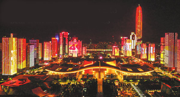 A light show on Monday marks the 40th anniversary of the Shenzhen Special Economic Zone's founding in Shenzhen, Guangdong province. The economic zone was launched on Aug 26, 1980.Lin Zhijian/for China Daily