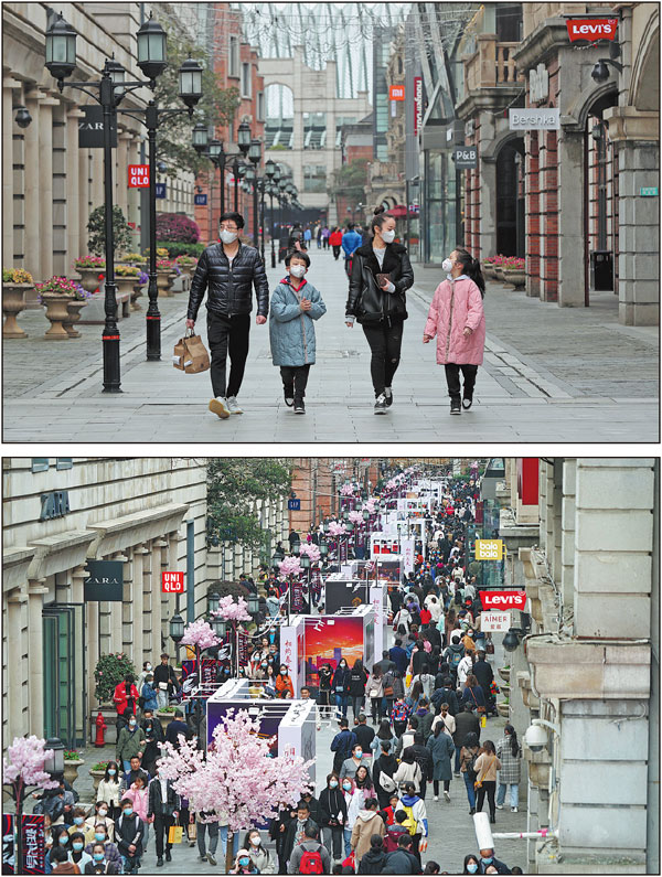 Residents stroll along Hanjie Street, a pedestrian-only commercial area, in Wuhan, Hubei province, on March 30 last year, shortly after the area resumed operations. Wuhan lifted a 76-day lockdown on April 8 that year after COVID-19 was brought under control in the city. Wang Jing / China Daily

Visitors attend a photo exhibition marking the victory of Wuhan and Hubei over the coronavirus along the same section of the street on Sunday. Zhou Guoqiang / for China Daily
