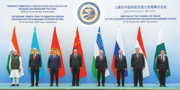 President Xi Jinping and other leaders of the Shanghai Cooperation Organization member countries pose for a group photo before attending the 22nd meeting of the Council of Heads of State of the SCO in Samarkand, Uzbekistan, on Friday.Li Tao/Xinhua
