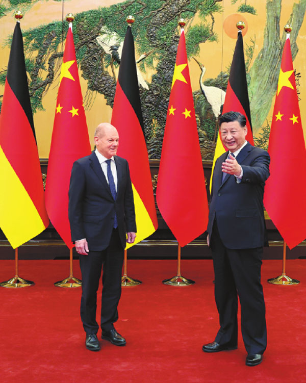 President Xi Jinping meets with German Chancellor Olaf Scholz on his official visit to China at the Great Hall of the People in Beijing on Friday.Yao Dawei/Xinhua