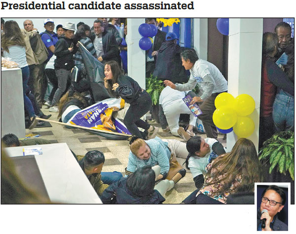Above: Supporters of Ecuadorian presidential candidate Fernando Villavicencio scurry for cover on Wednesday after he was shot dead during a campaign rally outside a school in Quito, the capital of the South American country. API via AP; right: Villavicencio, known for speaking up against cartels and corruption, addresses the rally in Quito before he was killed. In his final speech, he promised a roaring crowd that he would lock up the country's "thieves". Karen Toro / Reuters