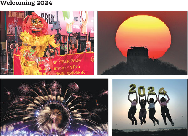 Clockwise from top left: A traditional Chinese lion dance is performed at the New Year celebration at Times Square in New York on
Sunday.Lev Radin/Sipa Usa Tourists enjoy the first sunrise of the new year on the Great Wall in Beijing on Monday. Ariel Schalit/Ap
People celebrate the New Year in Bhopal, Madhya Pradesh, India. xinhua A fireworks display lights up the London Eye in the early hours of Monday. Li Ying / Xinhua