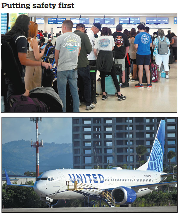 Top: United Airlines passengers try to rebook tickets at Luis Munoz Marin International Airport in San Juan, Puerto Rico, on Sunday after their flights were canceled. The cancellations followed the grounding by the United States' Federal Aviation Administration of 171 Boeing 737 MAX 9 jetliners for safety checks after a serious incident aboard an Alaska Airlines plane last week. Above: A United Airlines Boeing 737 MAX 9 jetliner is grounded on Sunday at Luis Munoz Marin International Airport in San Juan.    Photos by Miguel J. Rodriguez Carrillo / Reuters