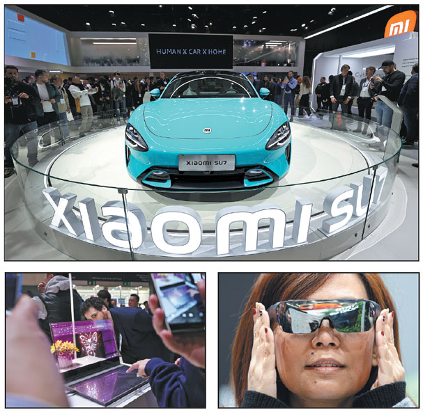 Clockwise from top: The SU7, produced by Chinese tech company Xiaomi Corp, is displayed on Monday at the Mobile World Congress 2024 in Barcelona, Spain. Gao Jing / Xinhua; A visitor tries Pocket Go, a virtual-reality gaming headset manufactured by Chinese company Tecno Mobile, on Monday. Pau Venteo / AP; A laptop with a transparent screen, a new product from Chinese personal computer manufacturer Lenovo, draws interest from visitors on Monday at the event. Gao Jing / Xinhua