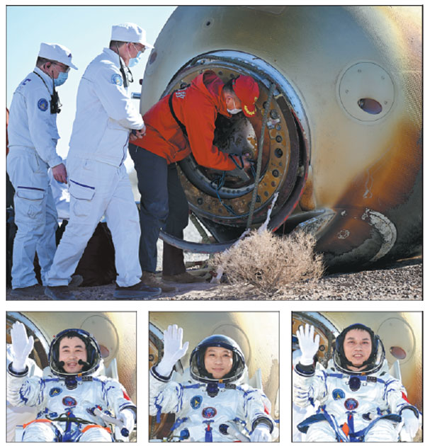 Medical and health personnel (top photo) prepare to check the condition of astronauts Tang Shengjie (from left, above), Jiang Xinlin and Tang Hongbo after the Shenzhou XVII spacecraft's reentry capsule successfully landed on Tuesday at the Dongfeng Landing Site in the Inner Mongolia autonomous region.Lian Zhen/Wang Jiangbo/Xinhua