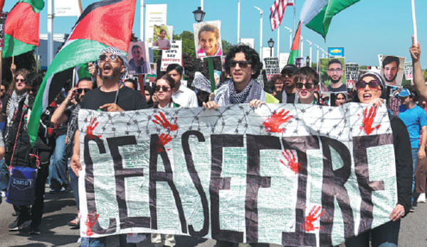 Pro-Palestinian students of University of Michigan and their supporters protest on Saturday on the streets of Dearborn, Michigan, the United States.Rebecca Cook/Reuters Abed Rahim Khatib/Getty Images