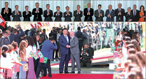 President Xi Jinping attends a grand welcome ceremony hosted by Brazilian President Luiz Inacio Lula da Silva in Brasilia on Wednesday.Feng Yongbin/China Daily