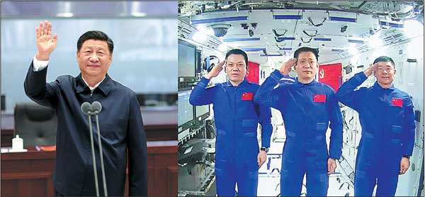 President Xi Jinping, who is also general secretary of the Communist Party of China Central Committee and chairman of the Central Military Commission, congratulates (from left to right) Tang Hongbo, Nie Haisheng and Liu Boming, astronauts orbiting Earth in China's space station core module Tianhe, and talks with them from the Beijing Aerospace Control Center on Wednesday.Ju Peng/yue Yuewei/xinhua
