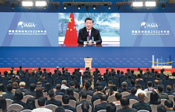 President Xi Jinping delivers the keynote speech via video link at the opening ceremony of the Boao Forum for Asia Annual Conference 2022 on Thursday.Ding Haitao/Xinhua

