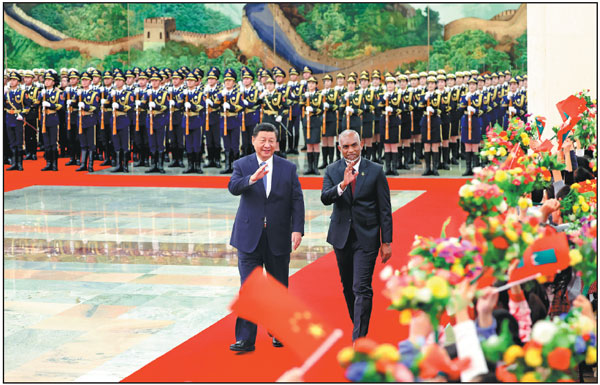 President Xi Jinping holds a welcoming ceremony for Maldivian President Mohamed Muizzu in Beijing before their talks on Wednesday.   Ding Haitao / Xinhua