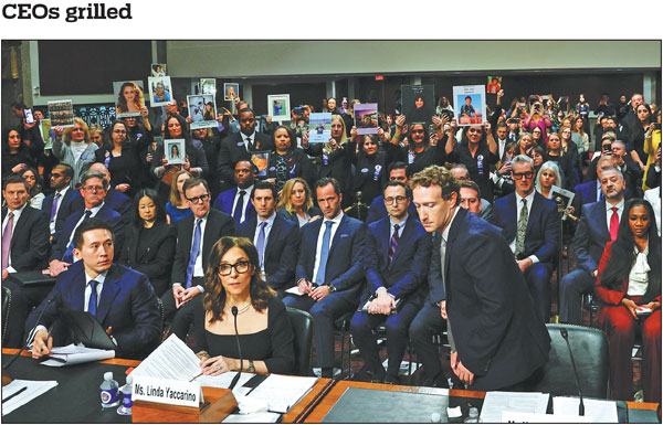 CEOs of social media giants, including Meta's Mark Zuckerberg (front, from right), X's Linda Yaccarino and TikTok's Shou Zi Chew, attend a Senate Judiciary Committee hearing on online child sexual exploitation on Capitol Hill in Washington, DC, in the United States on Wednesday.Evelyn Hockstein/Reuters