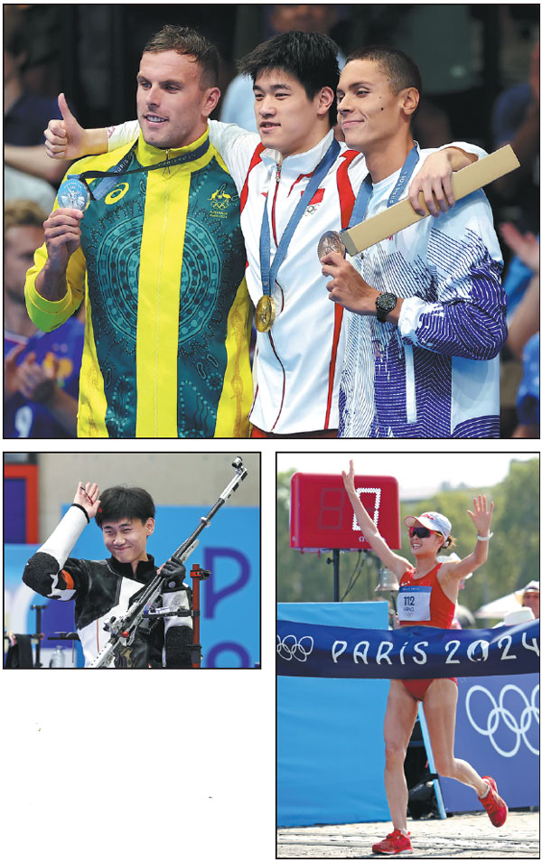 Clockwise from top: Chinese swimmer Pan Zhanle celebrates his win and new world record in the men's 100m freestyle on Wednesday at the Olympic Games with silver medalist Kyle Chalmers of Australia and bronze medalist David Popovici of Romania in Nanterre in Paris, France. Chinese athlete Yang Jiayu crosses the finish line to secure gold in the women's 20km race walk in Paris on Thursday. Chinese shooter Liu Yukun gestures after winning the men's 50m rifle 3 positions in Chateauroux, France, on Thursday.  Photos by Wei Xiaohao / China Daily, Zhang Fan / Xinhua